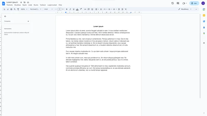 Google Docs 편집 화면 스크린샷. 핀란드어 UI에 「Lorem ipsum」 제목과 라틴어 더미 텍스트 문단들이 보인다.