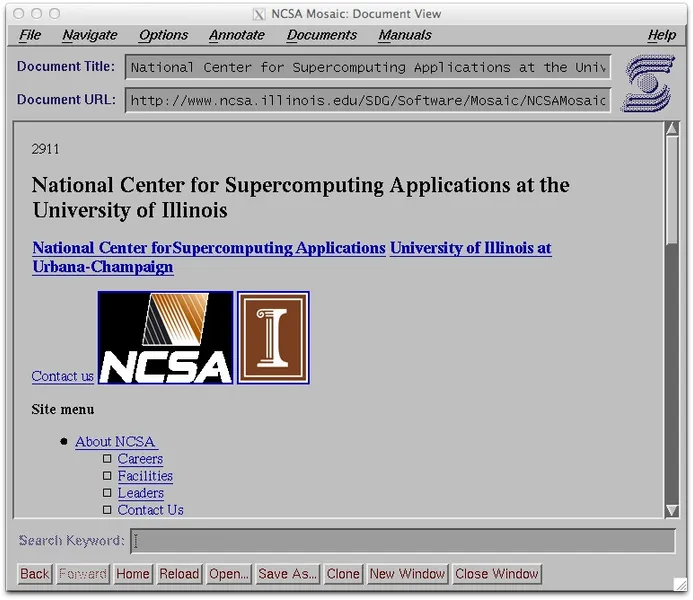 NCSA Mosaic 1.2가 NCSA 홈페이지를 띄운 화면. NCSA와 일리노이대 로고가 텍스트와 한 페이지 안에 함께 표시되고, 하단에는 Back·Forward·Reload·Save As 같은 「보기 전용」 버튼만 보인다.