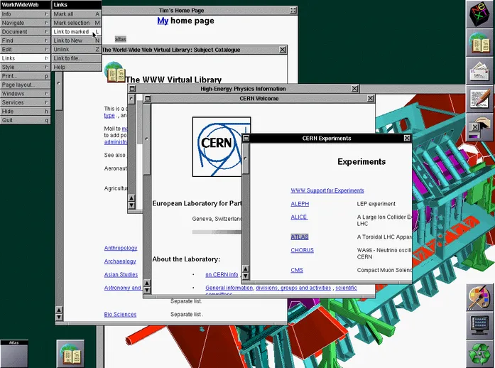 1993년 NeXT 컴퓨터에서 실행 중인 WorldWideWeb 브라우저-에디터 화면. 왼쪽 「Links」 메뉴의 「Mark selection」·「Link to marked」 명령으로 「ATLAS」라는 단어에 직접 하이퍼링크를 만드는 모습.